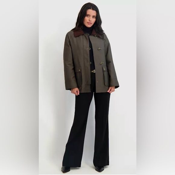 Tahari Taylor barn jacket green cotton-blend corduroy collar gold toggles Medium - Picture 6 of 13